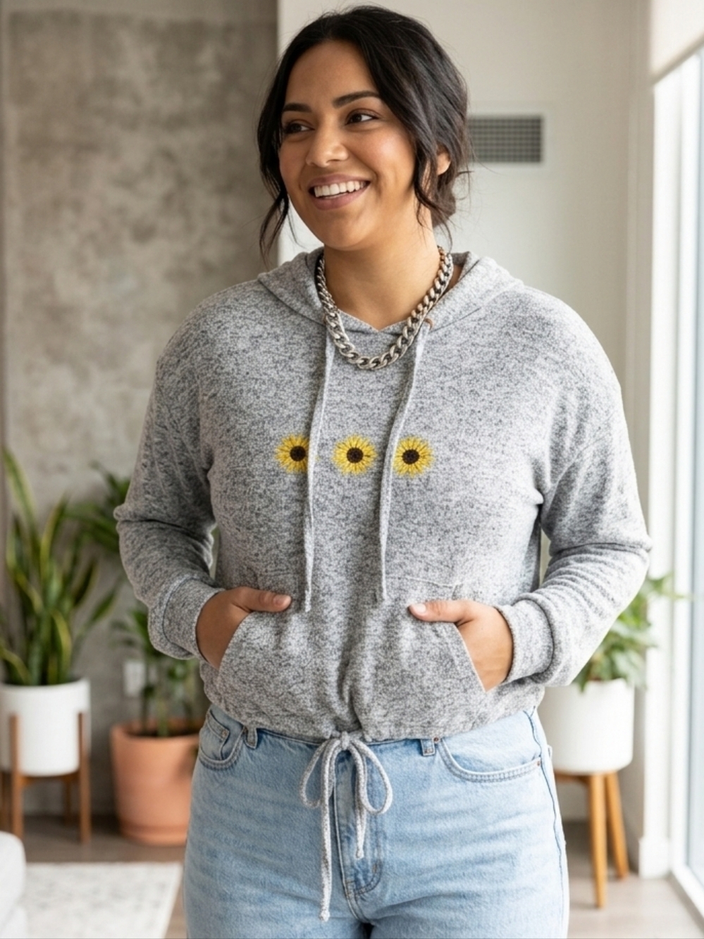 Grey sunflower crop hoodie